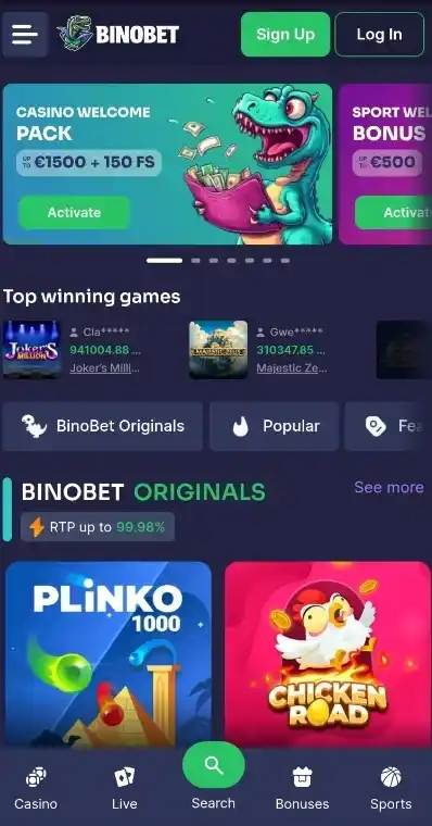 Interface of the online casino's PWA applicati